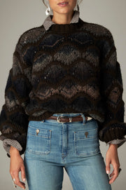 Pull en maille jacquard — gros plan motif jacquard et poignets côtelés