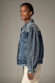 Veste denim motif floral — vue portée de profil