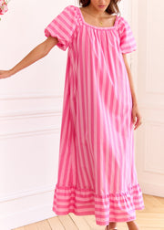 Robe longue rayée fuchsia col bardot