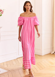 Robe longue rayée fuchsia col bardot