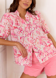 Blouse fleurie rose Lurex doré