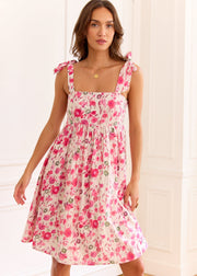 Robe fleurie rose vert nouée épaules