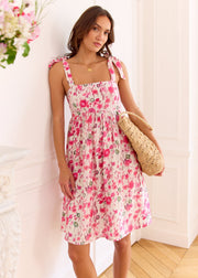 Robe fleurie rose vert nouée épaules