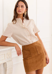 Blouse rayée taupe brodée festonnée
