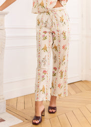 Pantalon ample beige fleuri en coton