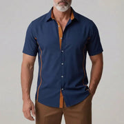 Chemise plastron contrasté bleu marine — vue portée de face