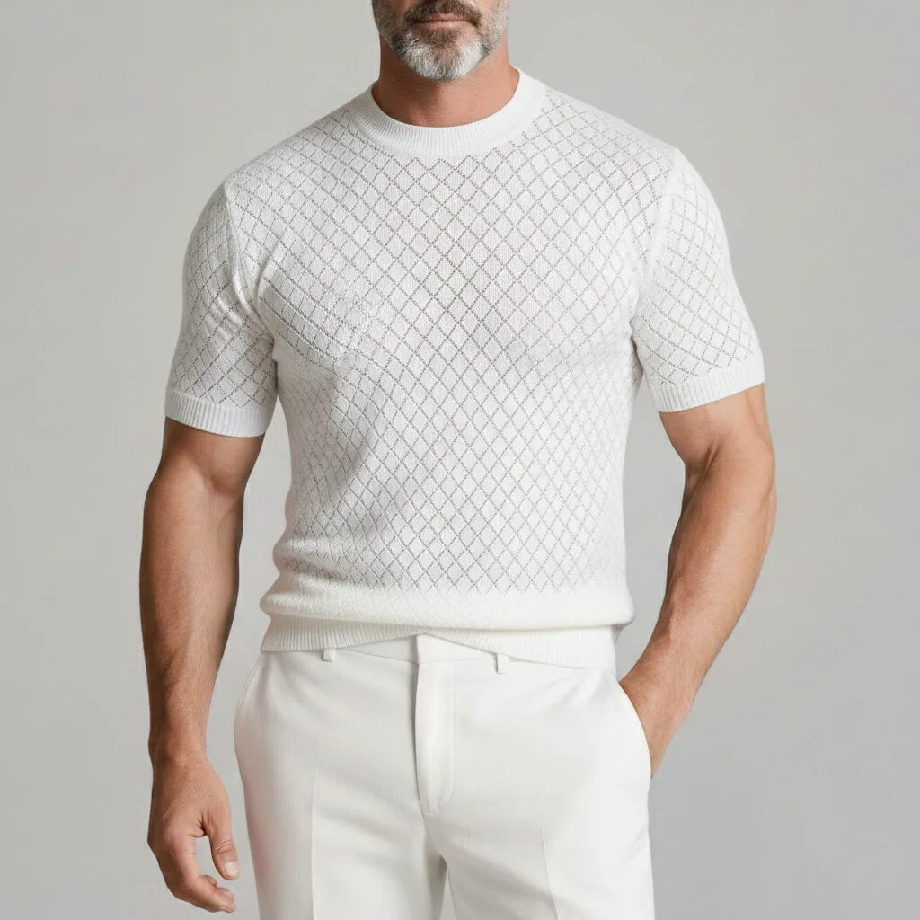 T-shirt maille argyle blanc, vue portée de face