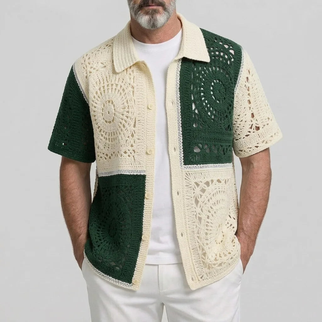 Cardigan crochet beige — vue portée de face