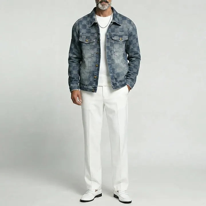 Veste à carreaux bleu délavé, vue portée en pied