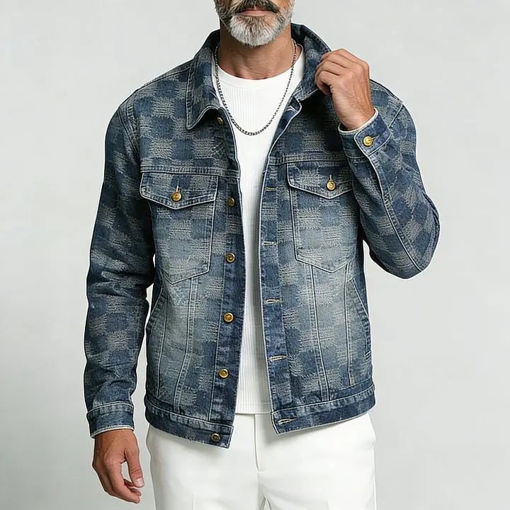 Veste à carreaux bleu délavé, vue de trois-quarts