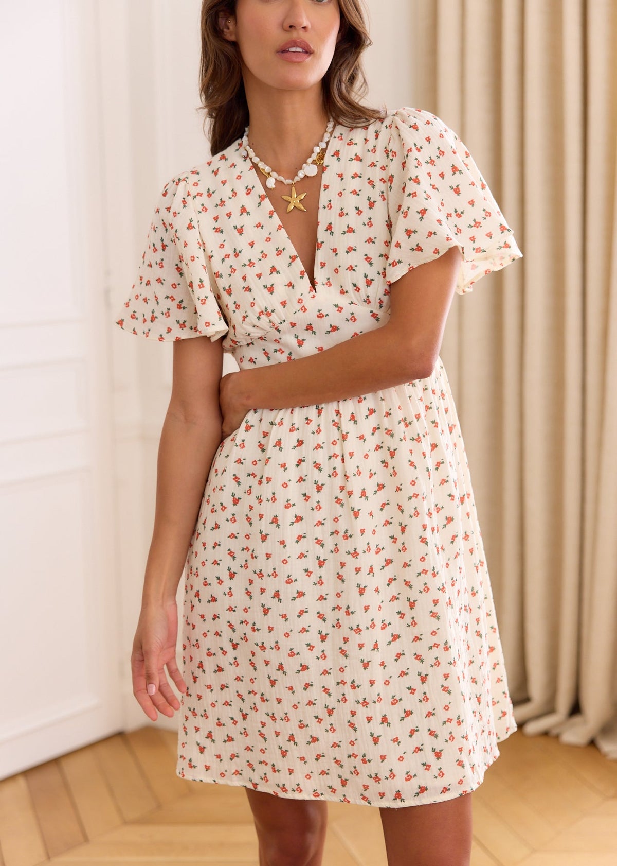 Robe beige fleurie gaze de coton