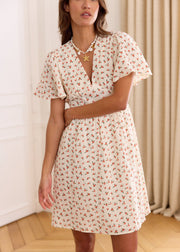 Robe beige fleurie gaze de coton