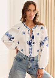 Blouse écrue motifs marine lien col