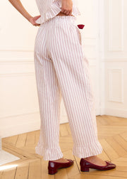 Pantalon beige rayé bordeaux volanté