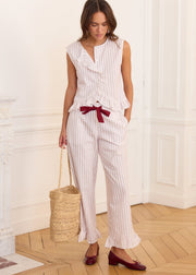 Pantalon beige rayé bordeaux volanté