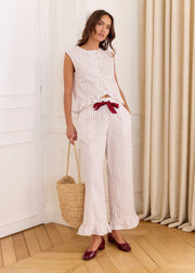 Pantalon beige rayé bordeaux volanté