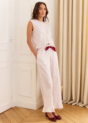 Pantalon beige rayé bordeaux volanté