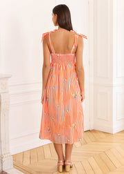 Robe midi rayée rouge blanc brodée