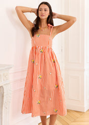 Robe midi rayée rouge blanc brodée