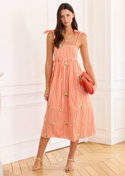 Robe midi rayée rouge blanc brodée