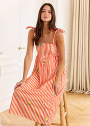 Robe midi rayée rouge blanc brodée