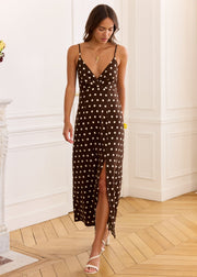 Robe longue chocolat à pois blancs