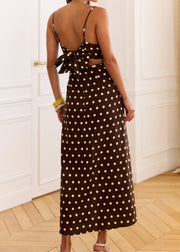 Robe longue chocolat à pois blancs