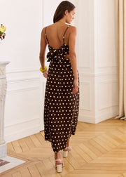 Robe longue chocolat à pois blancs