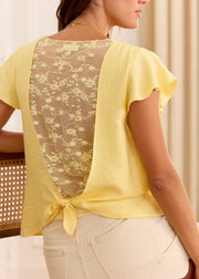 Top jaune manches papillon dentelle