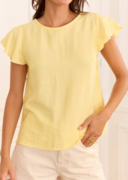 Top jaune manches papillon dentelle