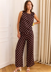 Pantalon chocolat à pois blancs