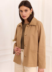 Veste beige coton doublure Liberty — vue portée de face, mi-corps