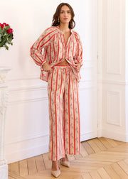 Pantalon corail rayé fleuri