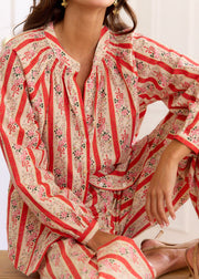 Blouse corail rayée fleurie