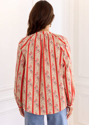 Blouse corail rayée fleurie
