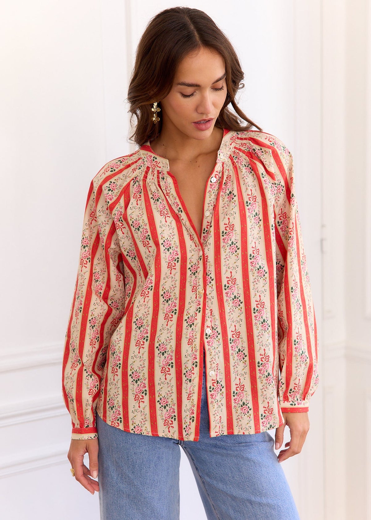 Blouse corail rayée fleurie
