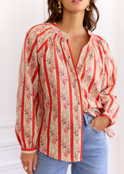 Blouse corail rayée fleurie
