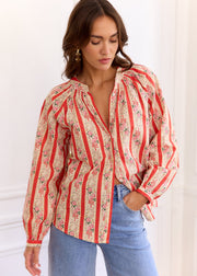 Blouse corail rayée fleurie