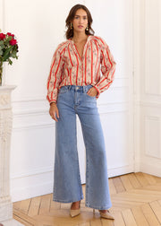 Blouse corail rayée fleurie