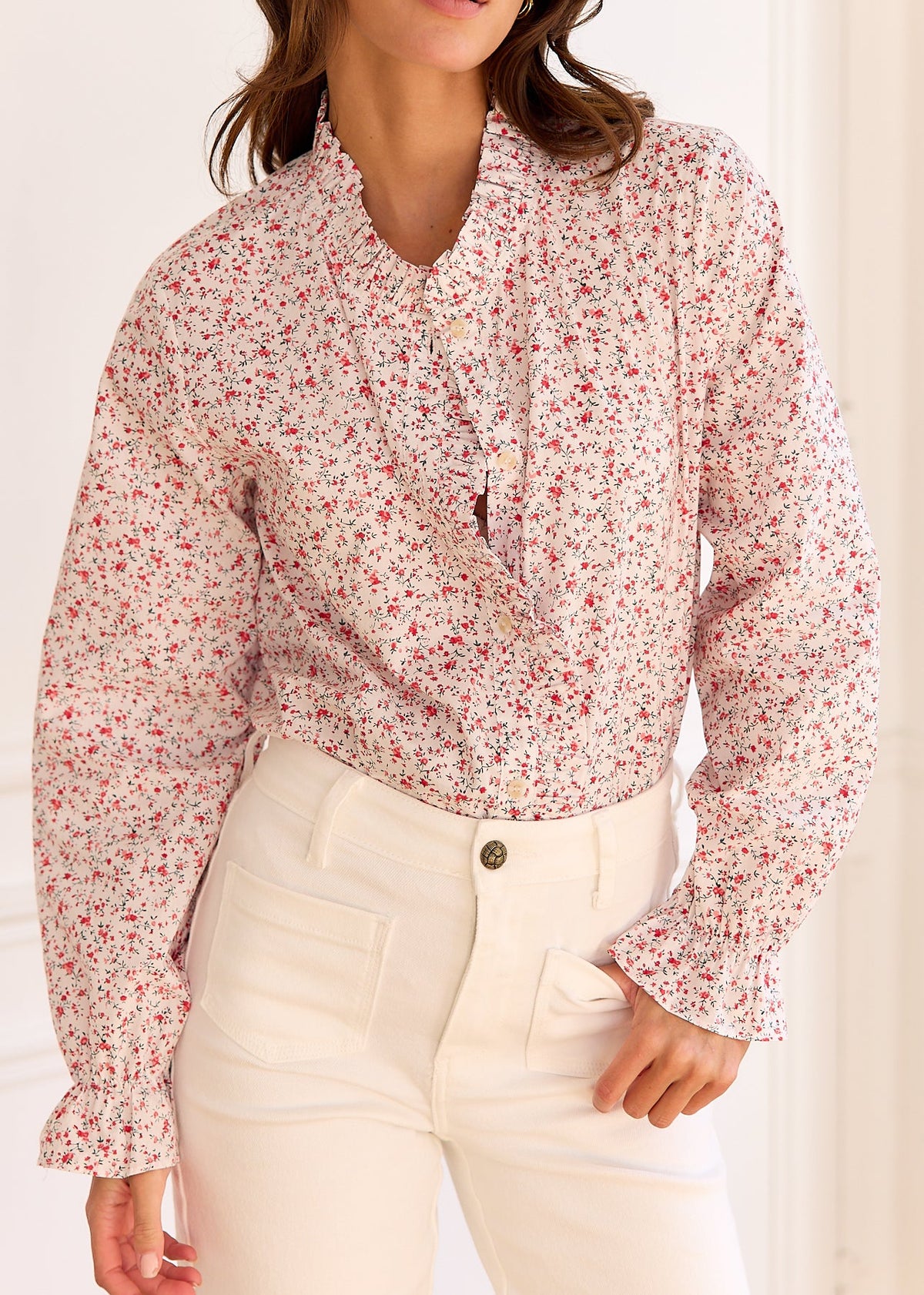 Blouse beige fleurie rose