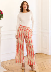 Pantalon corail rayé fleuri