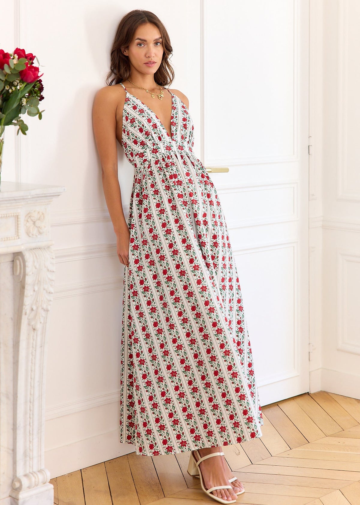 Robe crème fleurie rouge vert