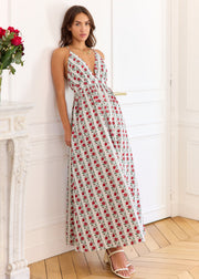 Robe crème fleurie rouge vert