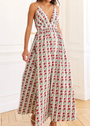 Robe crème fleurie rouge vert