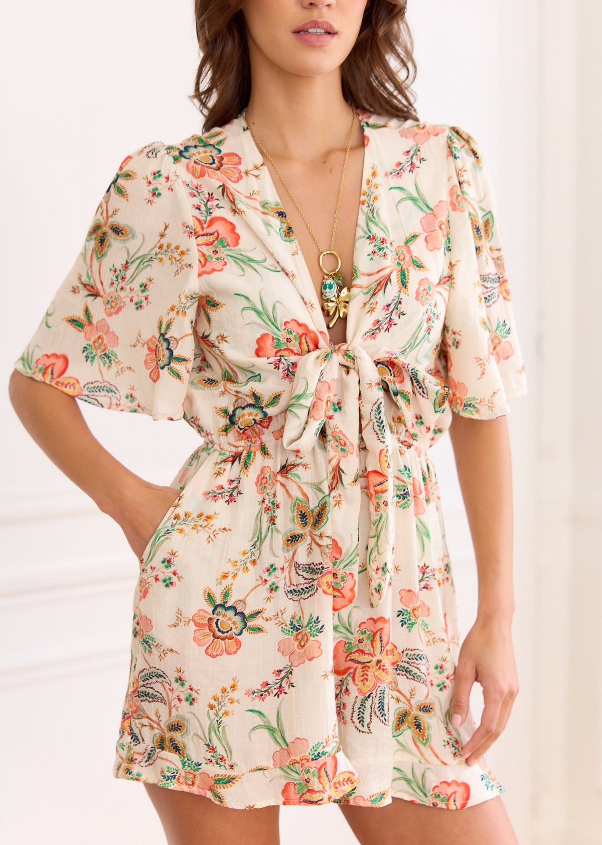 Combishort fleuri orange vert