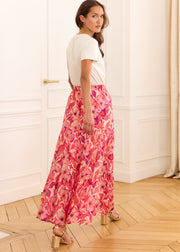 Jupe longue fleurie fuchsia
