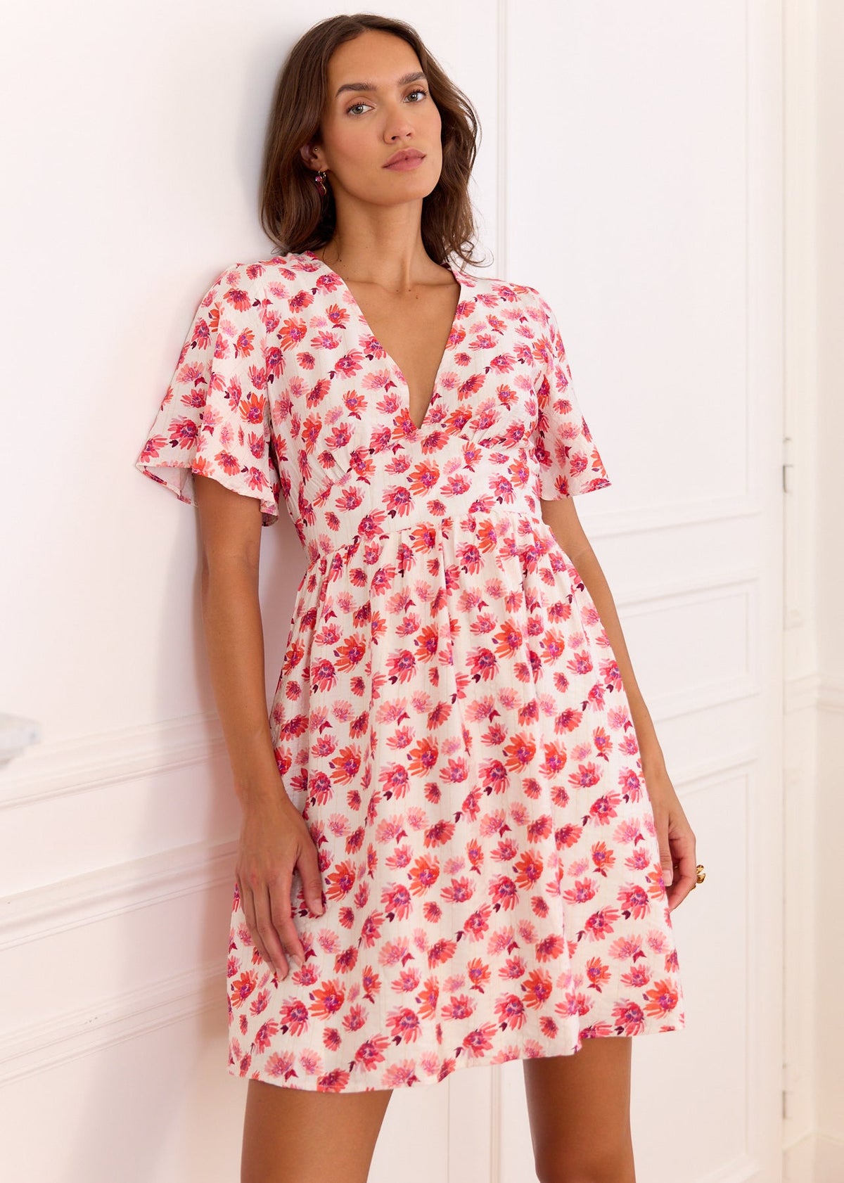 Robe fleurie fuchsia corail fils dorés