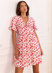 Robe fleurie fuchsia corail fils dorés