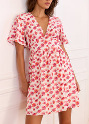 Robe fleurie fuchsia corail fils dorés