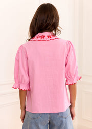 Blouse rose col Claudine brodé festonné